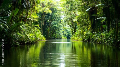 Serene river meandering through a dense jungle, surrounded by lush green foliage and teeming with exotic wildlife along the banks