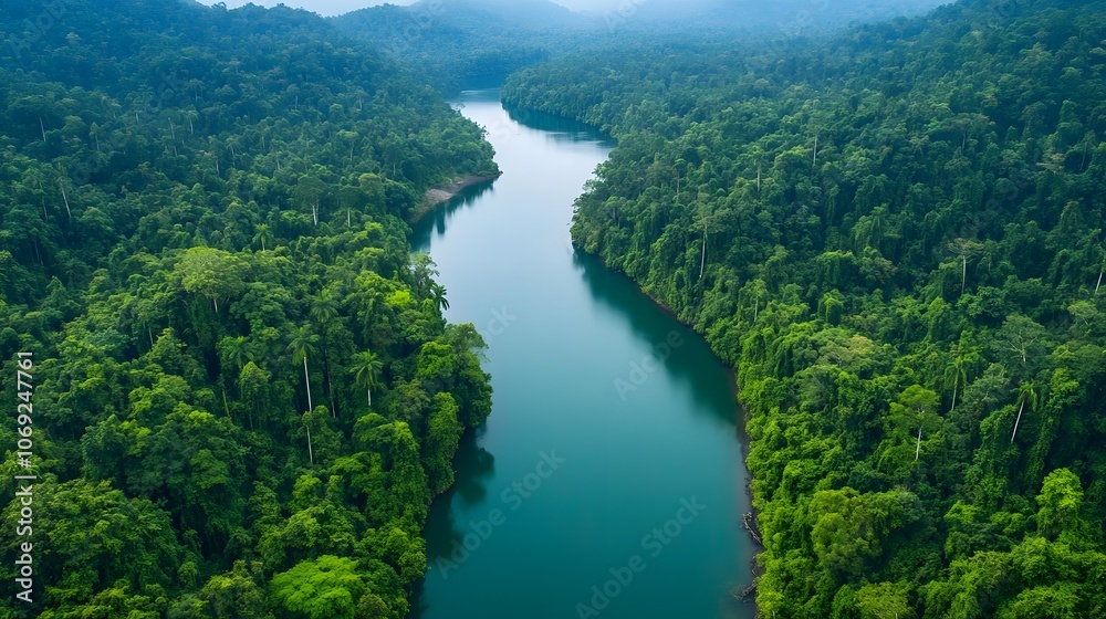 Serene river meandering through a dense jungle, surrounded by lush green foliage and teeming with exotic wildlife along the banks Serene river meandering through a dense jungle, surrounded by lush green foliage and teeming with exotic wildlife along the banks