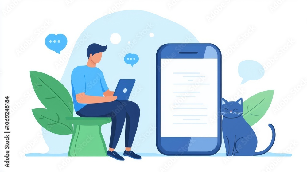 A young man works on a laptop beside a smartphone and a cat, surrounded by green leaves, representing technology and leisure. A young man works on a laptop beside a smartphone and a cat, surrounded by green leaves, representing technology and leisure.