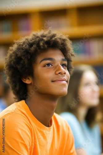 young man with curly hair looking thoughtful