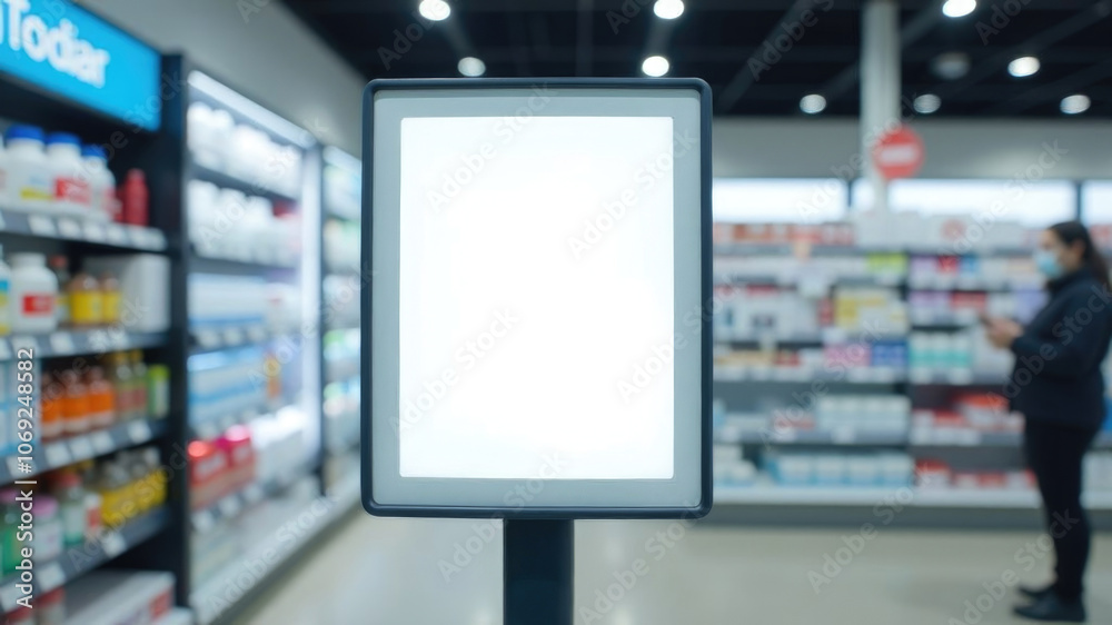 A mockup of a digital signage for pharmacies and medical offices. This is a clean and modern design that is perfect for displaying up-to-date information such as drug availability, special offers A mockup of a digital signage for pharmacies and medical offices. This is a clean and modern design that is perfect for displaying up-to-date information such as drug availability, special offers