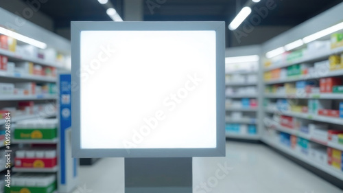 Bright led display in a modern pharmacy aisle with blurred shelves. This is a clean and modern design that is perfect for displaying up-to-date information such as drug availability photo