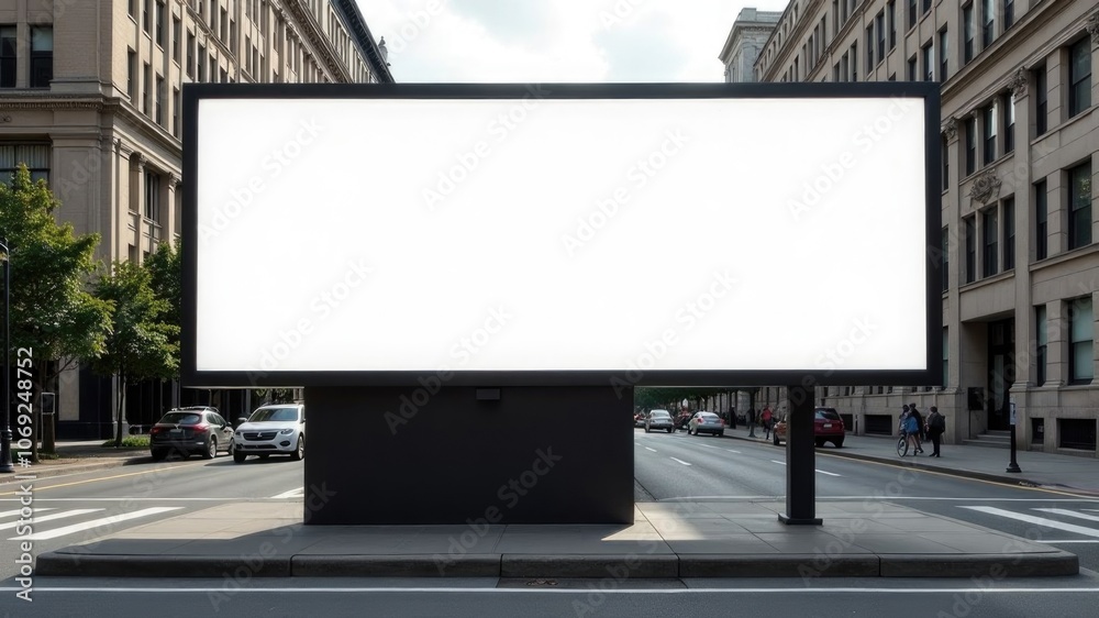 Blank urban billboard on city street with cars and buildings. It is an ideal place to place advertisements, news or up-to-date information for passers-by. Blank urban billboard on city street with cars and buildings. It is an ideal place to place advertisements, news or up-to-date information for passers-by.