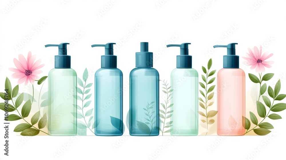 Assorted blue toned bottles with pumps and sprays surrounded by pink flowers and green leaves on soft light background promoting clean beauty and eco friendly skincare branding Assorted blue toned bottles with pumps and sprays surrounded by pink flowers and green leaves on soft light background promoting clean beauty and eco friendly skincare branding