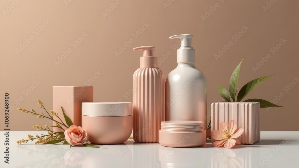 Elegant arrangement of natural skincare products with fresh floral accents. Ideal for beauty branding, grooming and wellness with a touch of natural charm Elegant arrangement of natural skincare products with fresh floral accents. Ideal for beauty branding, grooming and wellness with a touch of natural charm