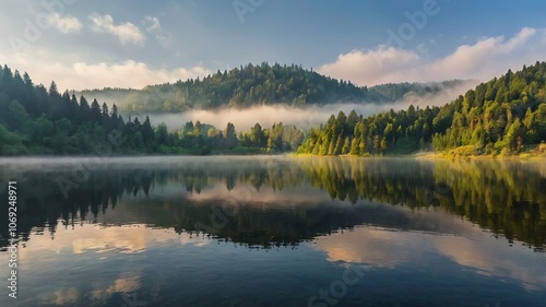 Misty Morning at Lacu Roșu: Foggy Summer Sunrise in Harghita County, Romania, Celebrating Nature's Beauty