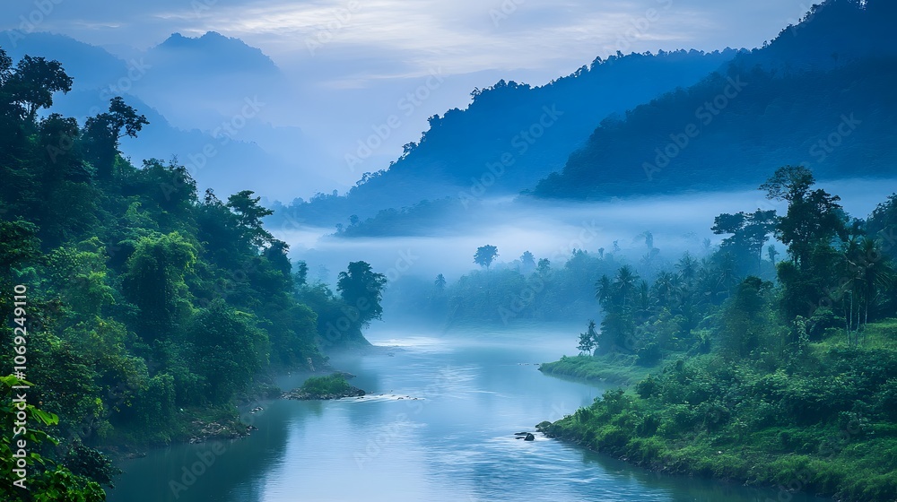 Serene river meandering through a dense jungle, surrounded by lush green foliage and teeming with exotic wildlife along the banks Serene river meandering through a dense jungle, surrounded by lush green foliage and teeming with exotic wildlife along the banks