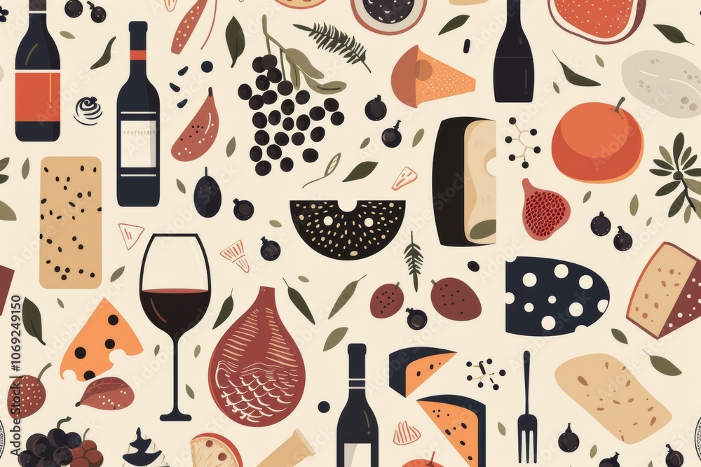 Wine and cheese seamless pattern with fruits and herbs Wine and cheese seamless pattern with fruits and herbs