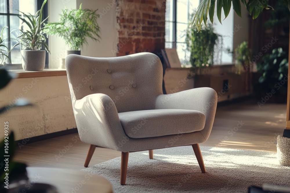 A cozy armchair stands in a bright room filled with plants. It features soft upholstery and wooden legs. Ideal for relaxation and inviting spaces. Generative AI A cozy armchair stands in a bright room filled with plants. It features soft upholstery and wooden legs. Ideal for relaxation and inviting spaces. Generative AI