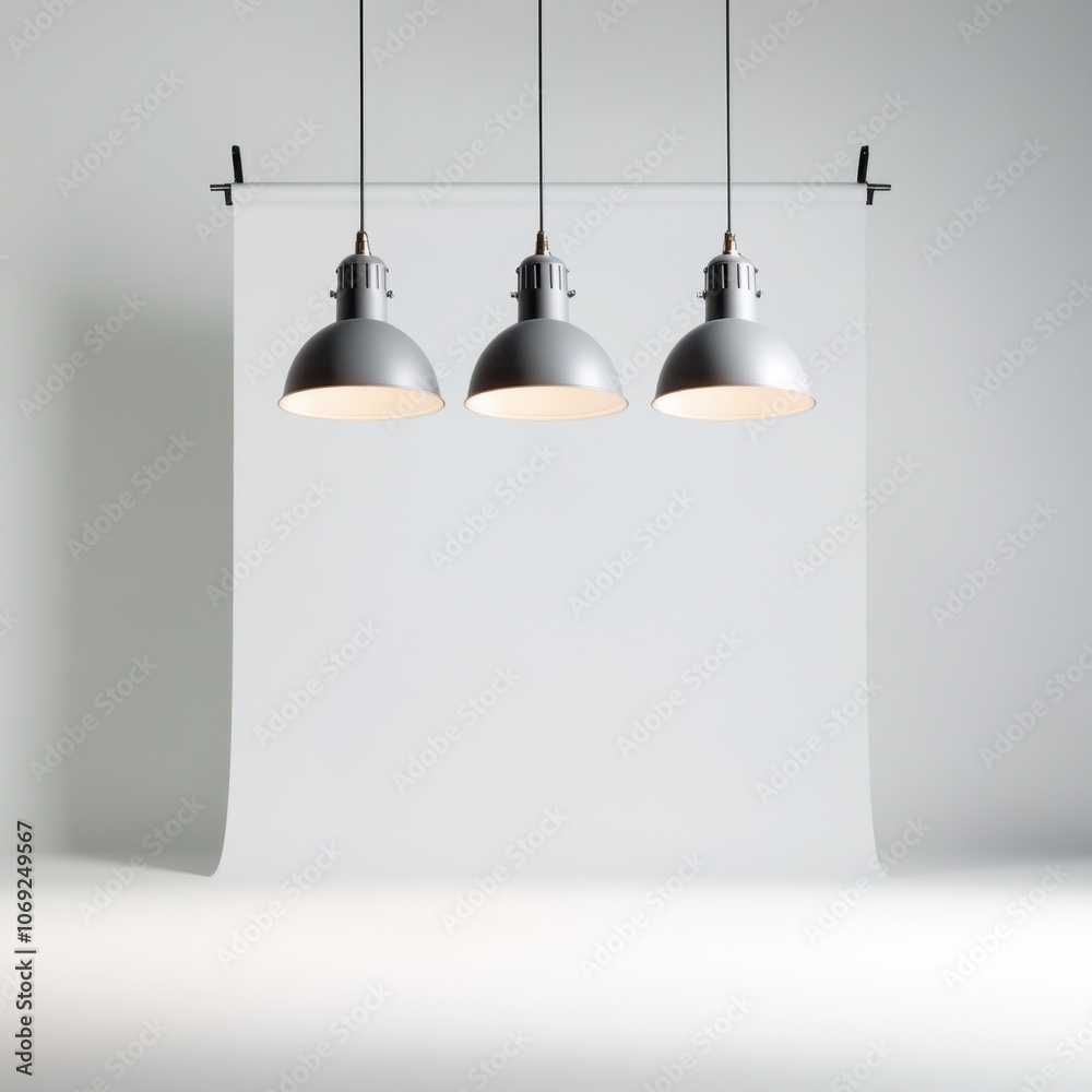 Three modern pendant lights illuminating a bright studio space Three modern pendant lights illuminating a bright studio space