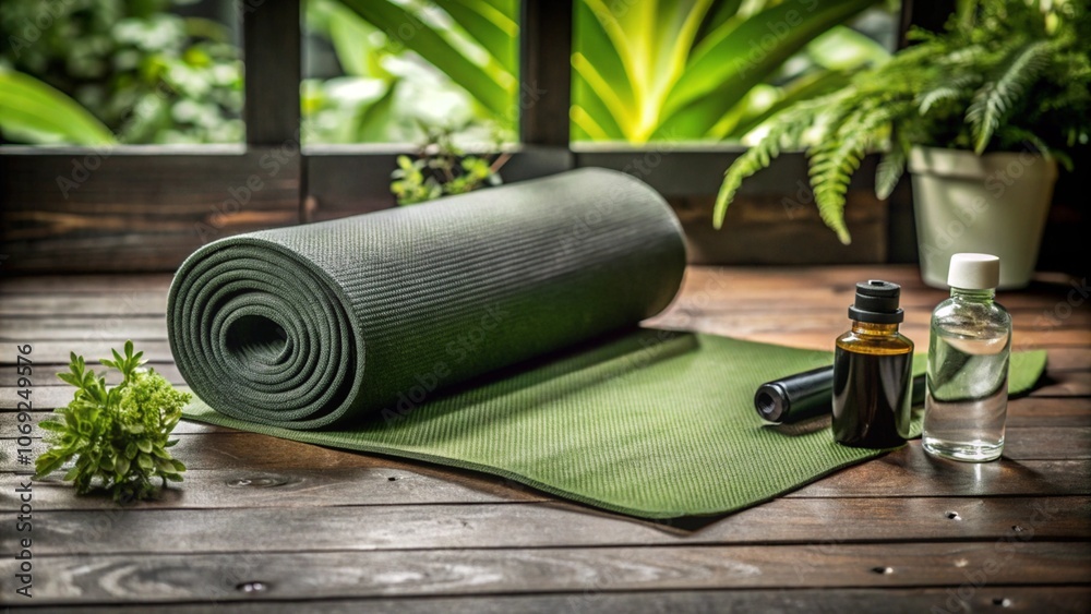 A yoga mat rolled out on a wooden floor with neatly placed props like a foam block, water bottle, essential oils, and a small plant, ready for a home yoga session A yoga mat rolled out on a wooden floor with neatly placed props like a foam block, water bottle, essential oils, and a small plant, ready for a home yoga session