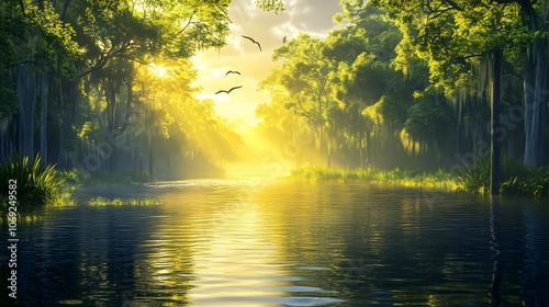 Serene river winding through a dense jungle, flanked by lush green foliage, with exotic wildlife visible along the banks photo