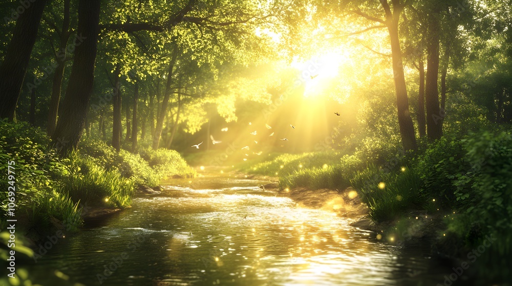 Serene river winding through a dense jungle, flanked by lush green foliage, with exotic wildlife visible along the banks Serene river winding through a dense jungle, flanked by lush green foliage, with exotic wildlife visible along the banks