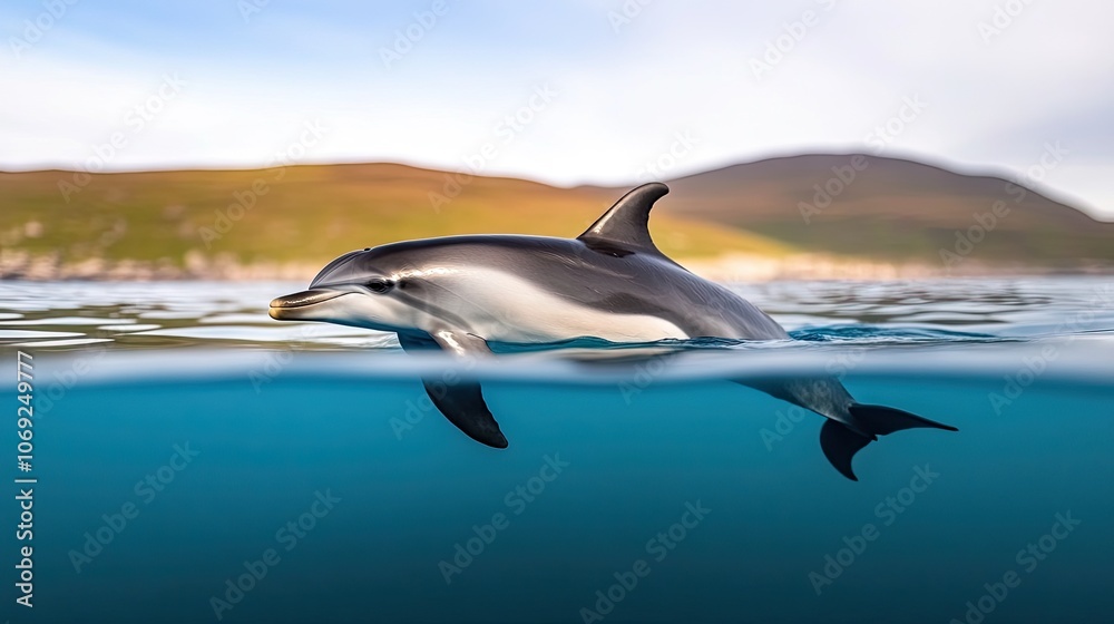 Fototapeta premium Close encounter with a gentle dolphin swimming near the shore, showcasing its vibrant spirit and serene beauty in natural light
