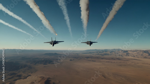 A pair of fighter jets soaring over a desert landscape, leaving contrails in the sky as they engage in aerial combat.


 photo