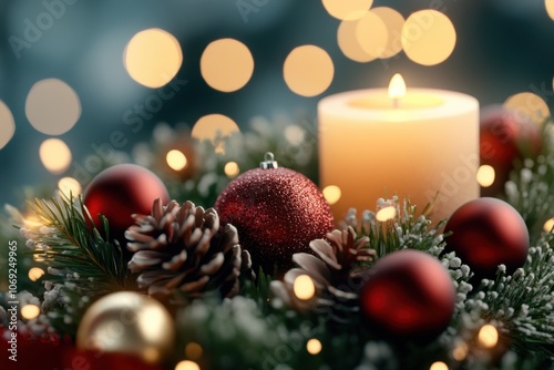 Festive Christmas ornaments and candle on a snowy evergreen branch