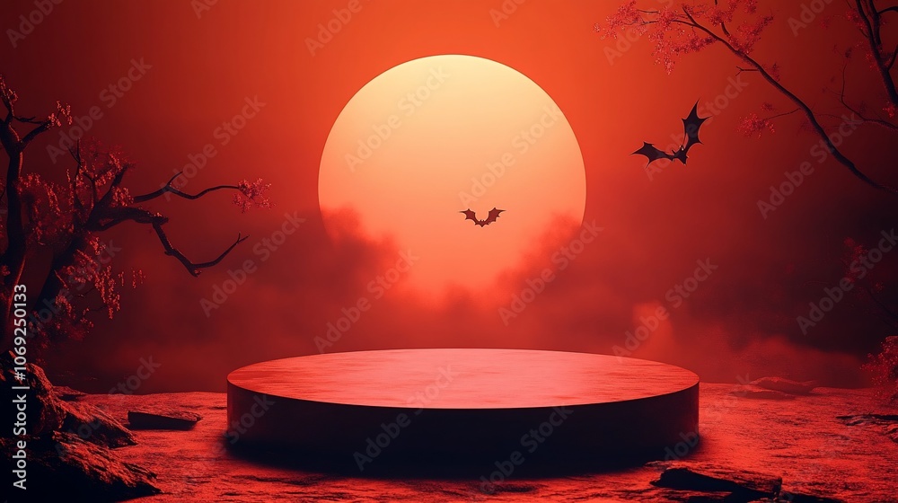Red podium with a spooky sunset and bats. Red podium with a spooky sunset and bats.