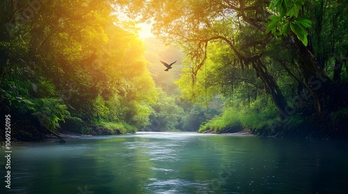 Serene river winding through a dense jungle, flanked by lush green foliage, with exotic wildlife visible along the banks photo