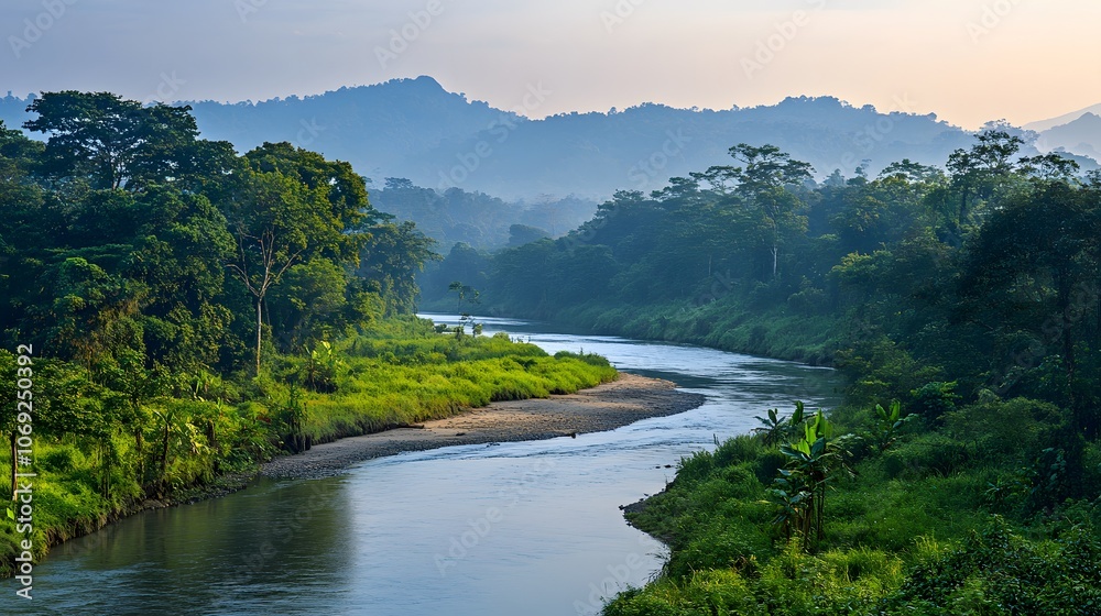 Serene river winding through a dense jungle, flanked by lush green foliage, with exotic wildlife visible along the banks Serene river winding through a dense jungle, flanked by lush green foliage, with exotic wildlife visible along the banks