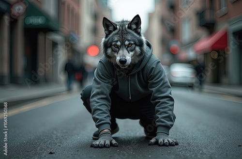 teenage quadrober in a wolf costume on the street in the city photo