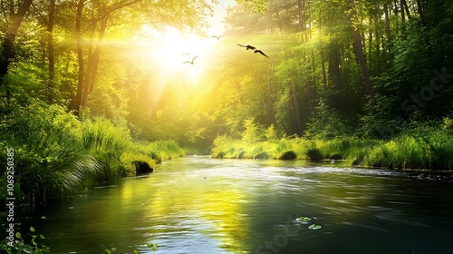 Serene river winding through a dense jungle, flanked by lush green foliage, with exotic wildlife visible along the banks photo