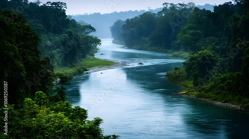 Serene river winding through a dense jungle, flanked by lush green foliage, with exotic wildlife visible along the banks photo