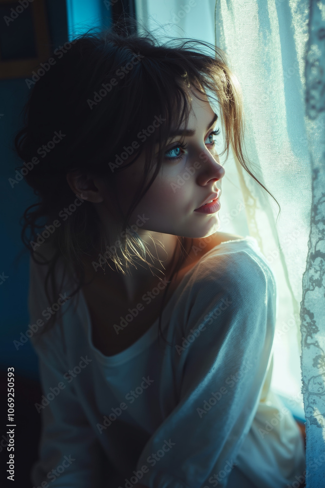 A woman sitting in front of a window looking out the window A woman sitting in front of a window looking out the window
