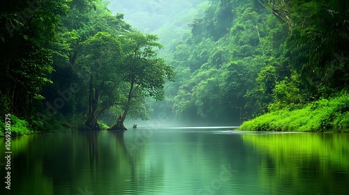Serene river winding through a dense jungle, flanked by lush green foliage, with exotic wildlife visible along the banks photo