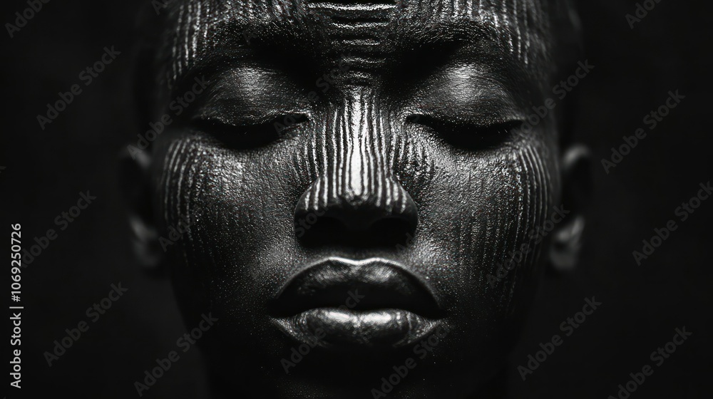 Naklejka premium Black and White Portrait of a Woman with Tribal Makeup