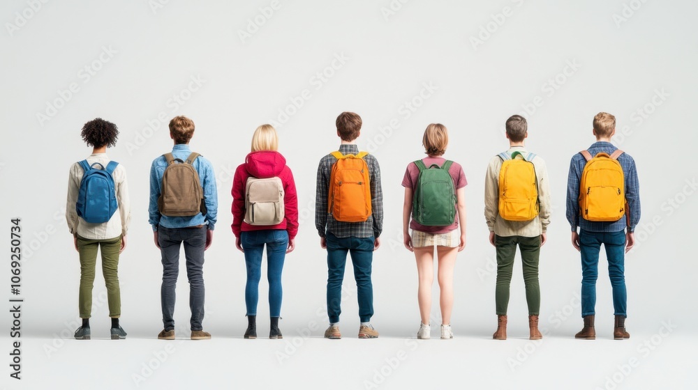 Fototapeta premium group of diverse students with backpacks standing in a row