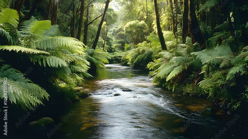 Serene river winding through a dense jungle, flanked by lush green foliage, with exotic wildlife visible along the banks