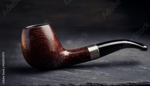 Classic wooden smoking pipe isolated on dark backdrop. photo