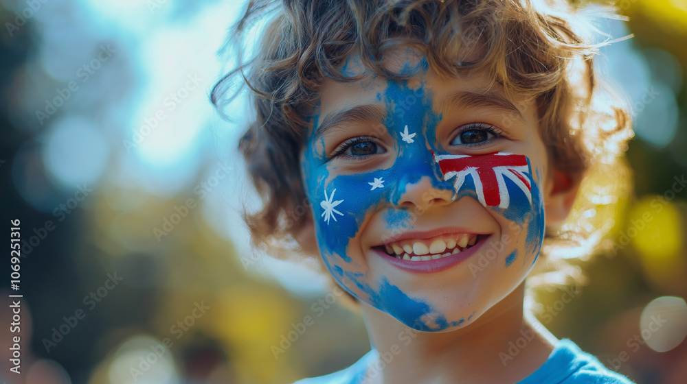 Smiling child with Aussie flag face paint at outdoor event