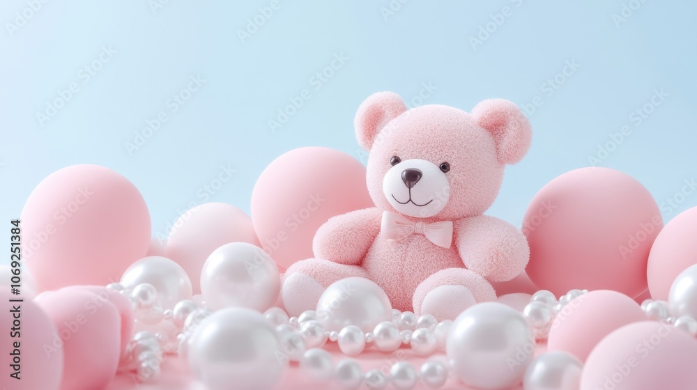 Obraz premium Adorable pink teddy bear surrounded by colorful balloons