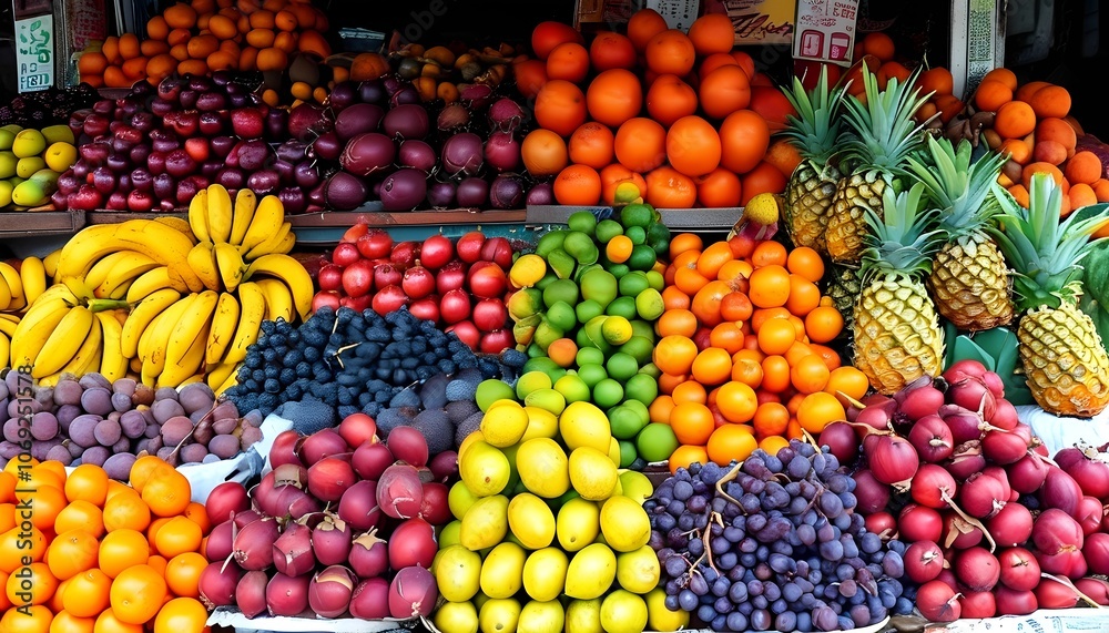 Asian market with various exotic fruits and local delicacies. Asian market with various exotic fruits and local delicacies.