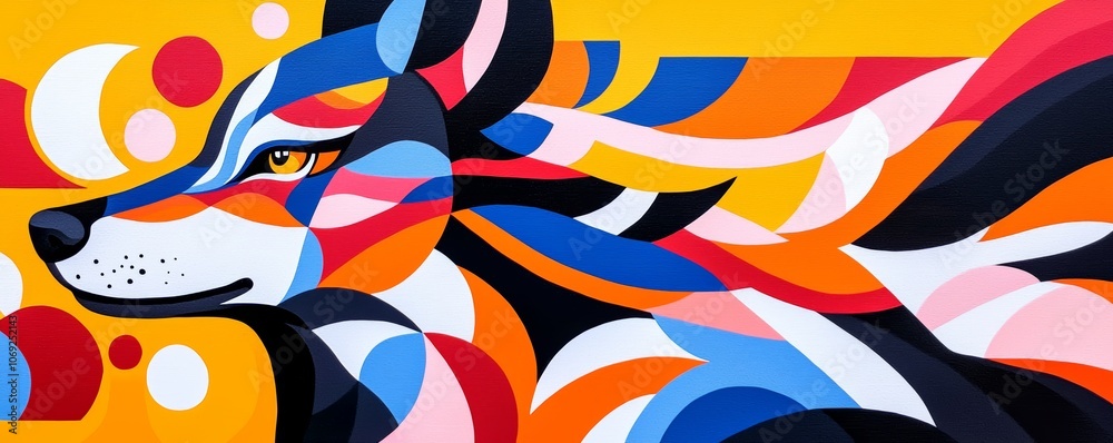 A wolf adorned in tribal patterns and bright, contrasting colors, with abstract lines giving a dynamic, mystical look. A wolf adorned in tribal patterns and bright, contrasting colors, with abstract lines giving a dynamic, mystical look.