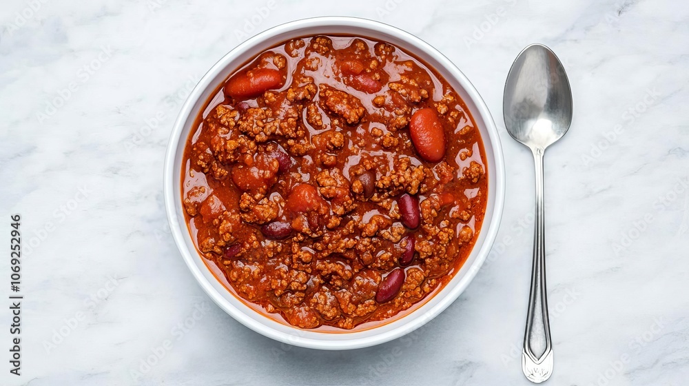 Minimalist shot of canned chili with spoon beside it, placed on a marble countertop, emphasizing modern convenience and simplicity Minimalist shot of canned chili with spoon beside it, placed on a marble countertop, emphasizing modern convenience and simplicity