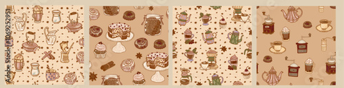 Set of seamless brown retro patterns - cups of coffee, sweets, cookies, teapots, coffee grinders. Vintage background for cafe, pastry shop, bakery, coffee shop, food and drink.