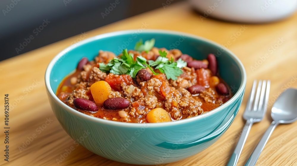 Single serving of chili in a vibrant bowl with simple cutlery, promoting ease of serving, on a wood table with cozy lighting Single serving of chili in a vibrant bowl with simple cutlery, promoting ease of serving, on a wood table with cozy lighting