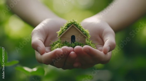 Hands holding a small wooden house covered in moss, representing environmental conservation and sustainable living