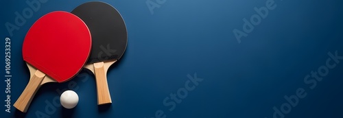 Dark horizontal background with ping pong rackets and ball