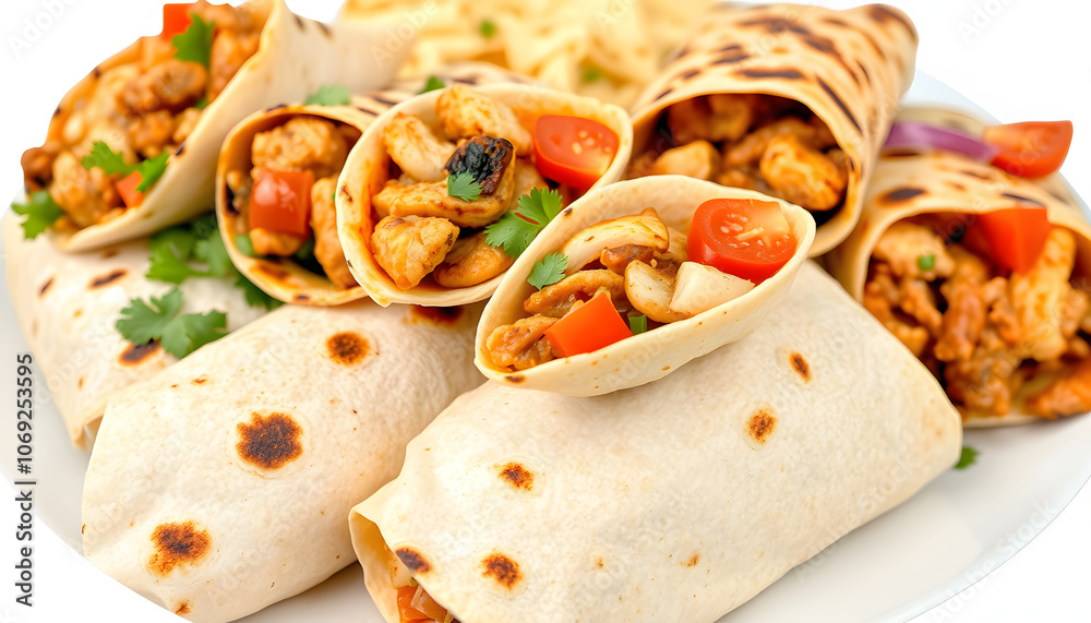 Tex Mex Fajita Variety of Grilled Flour Tortilla Wraps Stuffed with Different Fillings Such as Chicken and Chili isolated with white highlights, png Tex Mex Fajita Variety of Grilled Flour Tortilla Wraps Stuffed with Different Fillings Such as Chicken and Chili isolated with white highlights, png