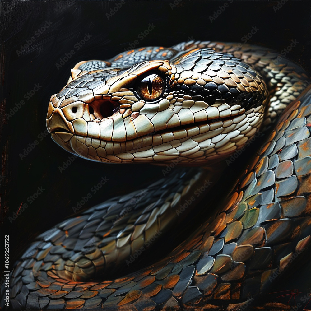 Shimmering scales of a magnificent snake poised in the darkness of its habitat Shimmering scales of a magnificent snake poised in the darkness of its habitat