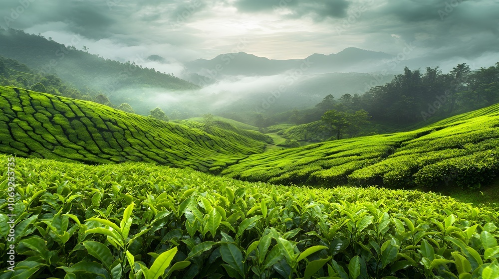 Tea plantations panorama in Munnar, India, showcasing lush green hills covered with tea bushes, misty atmosphere, and rolling landscape Tea plantations panorama in Munnar, India, showcasing lush green hills covered with tea bushes, misty atmosphere, and rolling landscape
