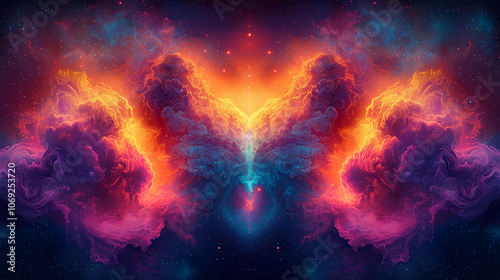 abstract cosmic formation resembles a fiery phoenix rising in a blaze of pink and orange