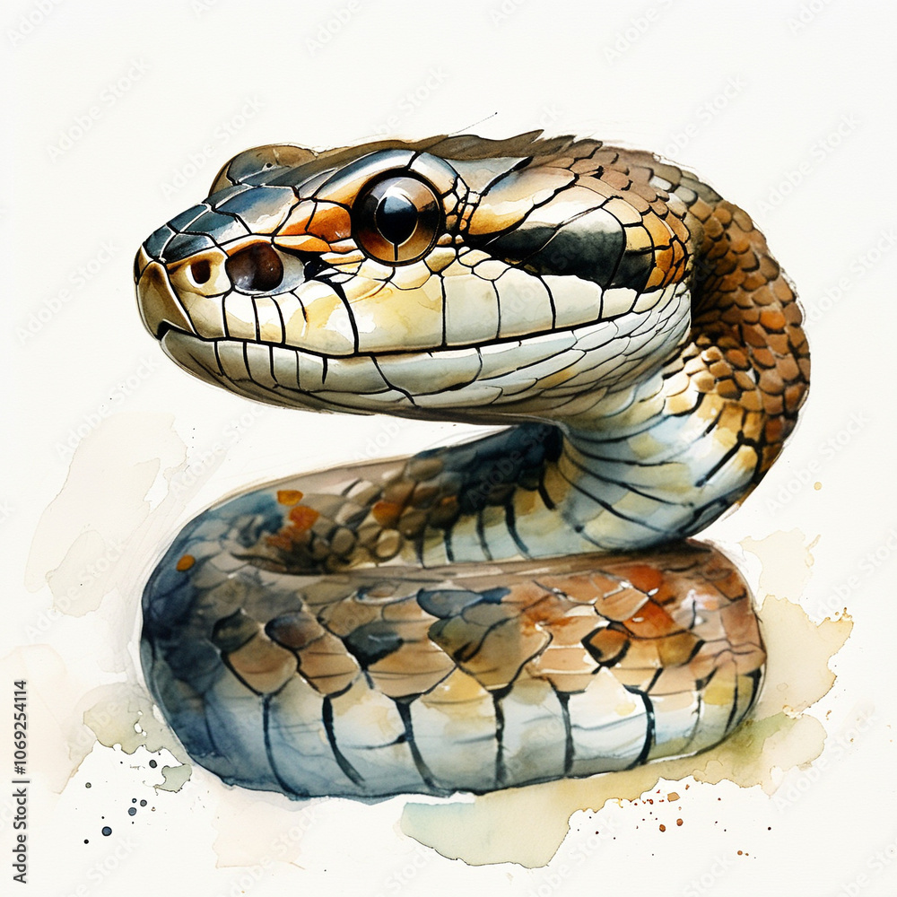 A beautifully illustrated snake coiling gracefully on a watercolor backdrop A beautifully illustrated snake coiling gracefully on a watercolor backdrop