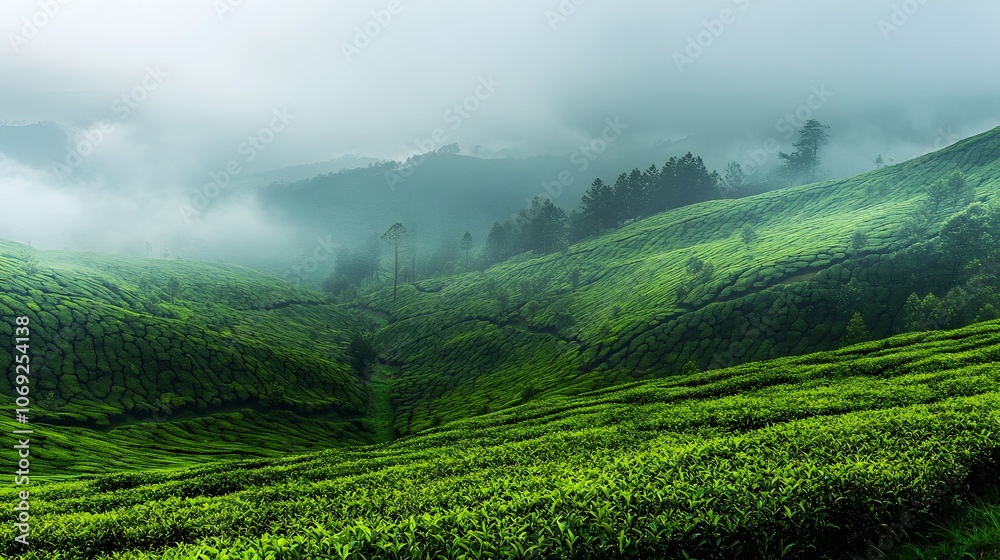 Tea plantations panorama in Munnar, India, showcasing lush green hills covered with tea bushes, misty atmosphere, and rolling landscape Tea plantations panorama in Munnar, India, showcasing lush green hills covered with tea bushes, misty atmosphere, and rolling landscape