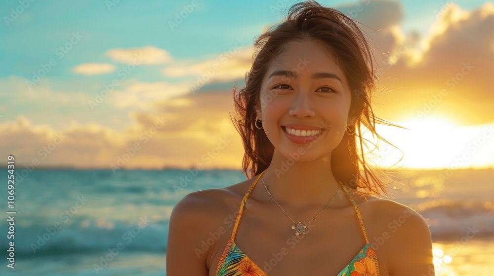 A beautiful Asian woman in a one-piece swimsuit, her hair cascading down her shoulders as she stands on the beach with the sun setting over the ocean behind her A beautiful Asian woman in a one-piece swimsuit, her hair cascading down her shoulders as she stands on the beach with the sun setting over the ocean behind her