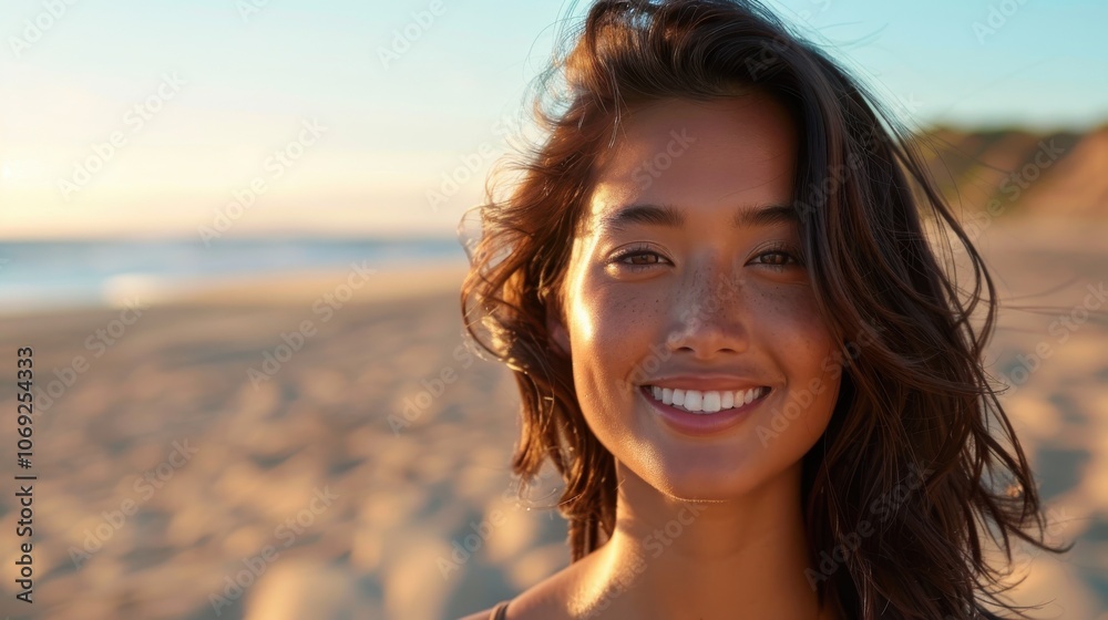 A beautiful Asian woman in a one-piece swimsuit, her hair cascading down her shoulders as she stands on the beach with the sun setting over the ocean behind her A beautiful Asian woman in a one-piece swimsuit, her hair cascading down her shoulders as she stands on the beach with the sun setting over the ocean behind her
