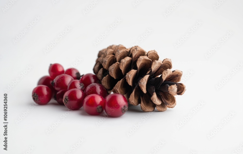 Obraz premium Festive pine cone and red berries on a white background